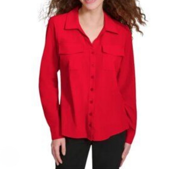 Calvin Klein Jeans Red Blouse Women's Small Travel Shirt Lightweight Collared - Picture 9 of 10